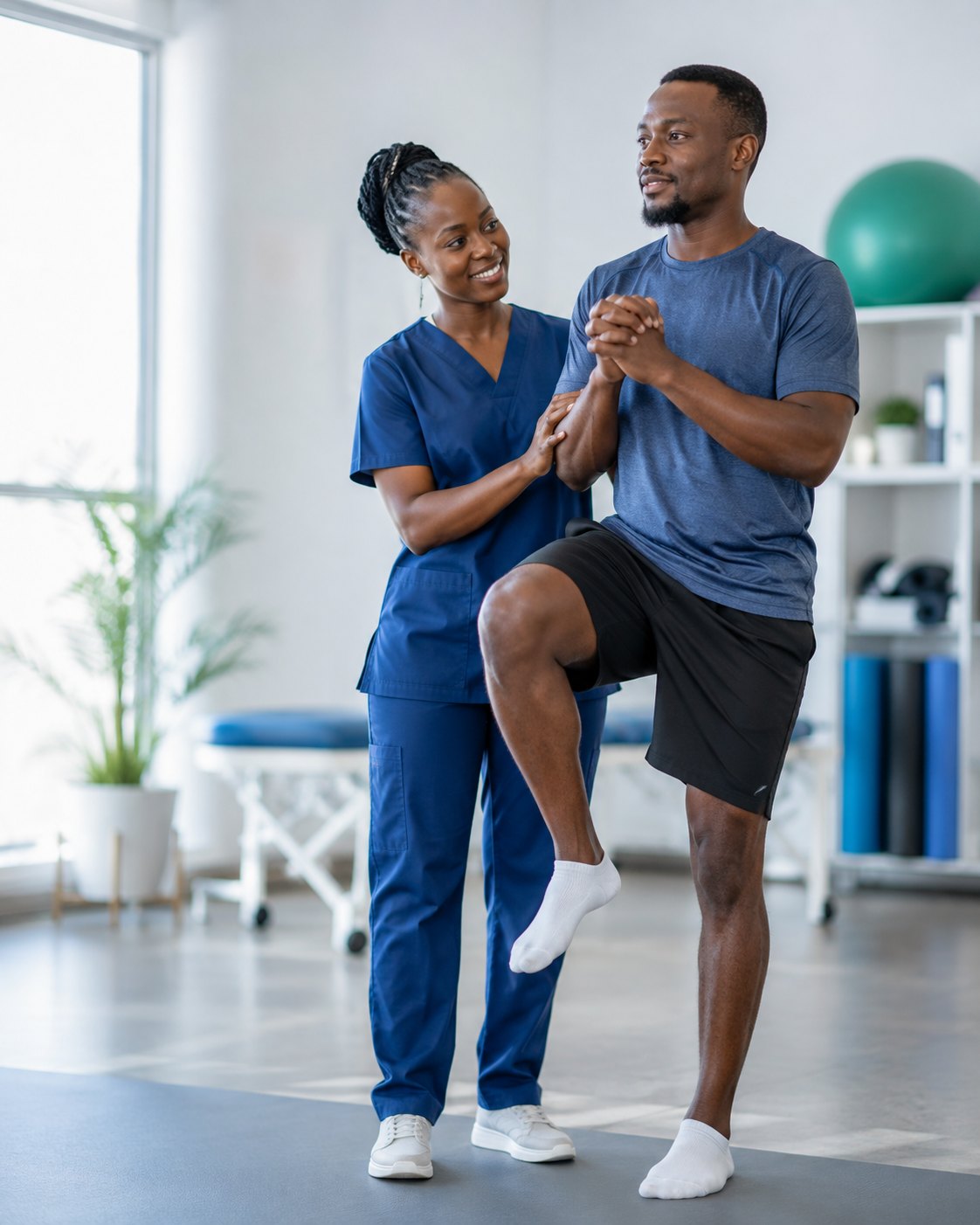 Ugandan physiotherapist supporting a patient during a balance rehabilitation exercise