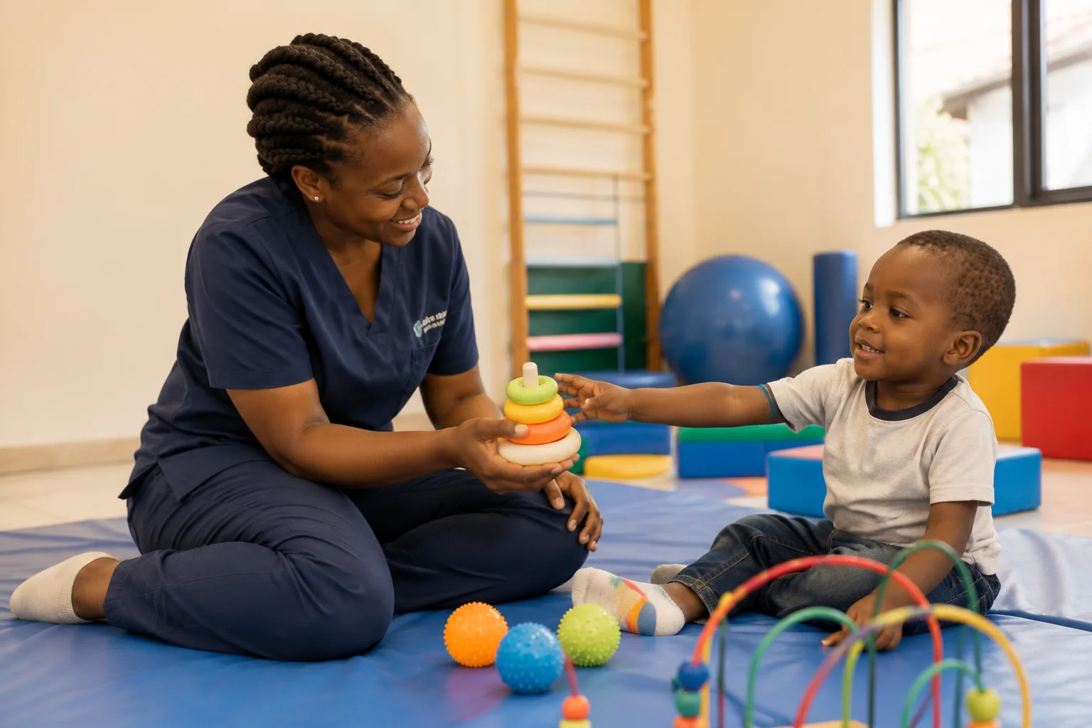 Ugandan paediatric rehabilitation therapist using play-based therapy with a young child in Kampala