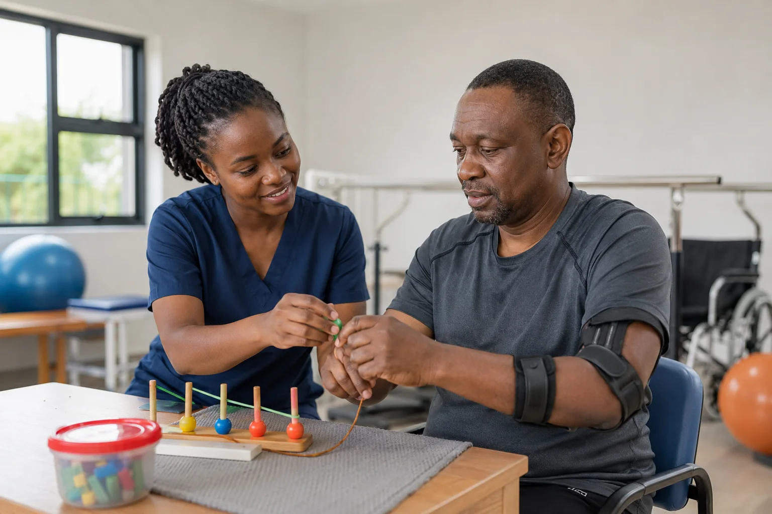 Ugandan occupational therapist guiding an adult through a hand function activity in Kampala