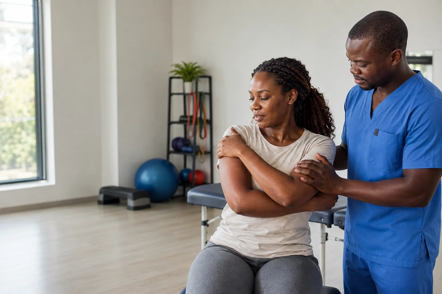 Ugandan physiotherapist assessing a woman during shoulder rehabilitation in Kampala