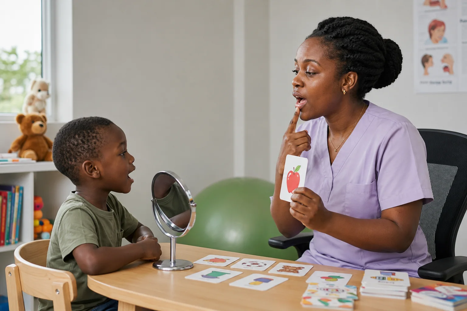 Ugandan speech and language therapist working with a young child in Kampala