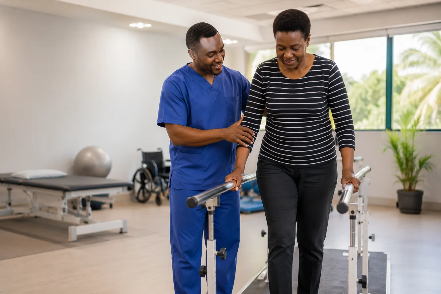 Ugandan physiotherapist supporting an older woman during walking rehabilitation in Kampala